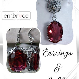 Save 10% on Ruby Earrings & Necklace Set, Oval Simulated Gem, Edwardian Sterling Silver Filigree [Made To Order] Design#70