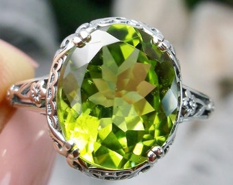 Natural Peridot Ring/ Solid Sterling Silver/ 4ct Green Peridot, Floral Edwardian Filigree [Custom Made] Design#70z