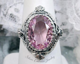 Victorian Filigree Pink Topaz Ring: Sterling Silver 925, Size 7