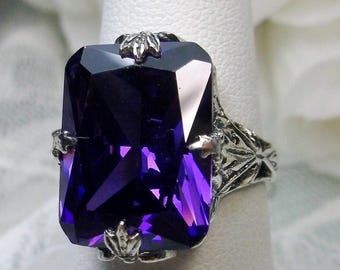 Amethyst CZ Ring | Size 8 | Sterling Silver 925 Rectangle Purple 10ct Cubic Zirconia Art Deco Filigree Ring [In Stock] Design#15