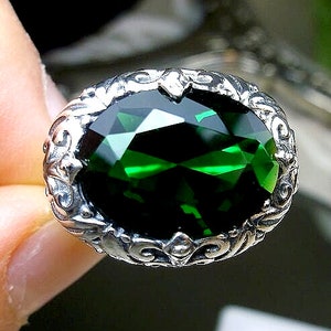 Emerald Ring / Solid Sterling Silver/ Oval Cut 10ct Simulated Green Emerald, Silver Scroll Filigree [Custom Made] Design#90