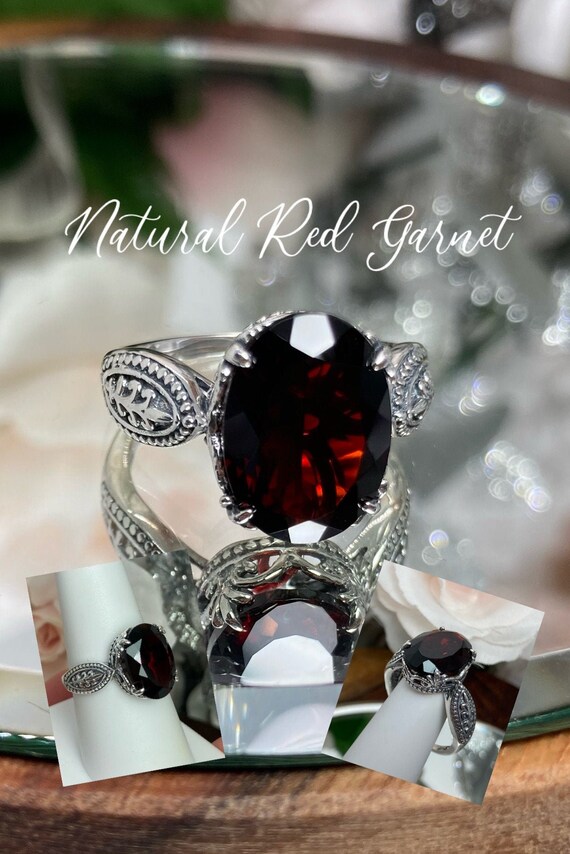 Bague En Argent 925 Avec Grenat Rouge - Style Gothique Fleur De Lys - Fait Main Thaïlande