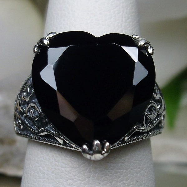 Black CZ Ring/ Size 6 - Solid Sterling Silver/ 10ct Black Cubic Zirconia Gothic Heart Claw Filigree [In Stock] Design#132