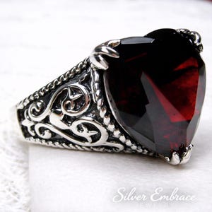 Garnet CZ Ring • Size 6.5 • Heart Shaped 10ct Red Cubic Zirconia • Sterling Silver Gothic Filigree • Vintage Style • In Stock • Design#132