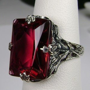 Rubinring - Storlek 6/ Rektangulär 10ct Simulerad Röd Ädelsten med Art Deco-lövfiligran i Sterlingsilver [I lager] Design#15 bild 5