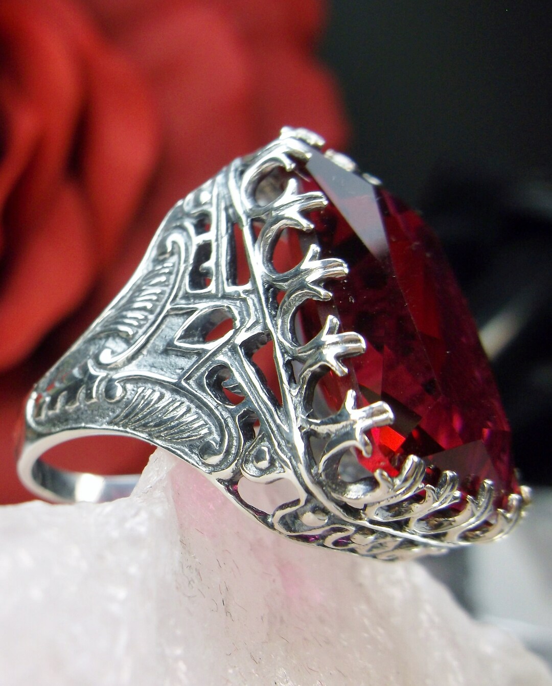 Red Ruby Ring/ Solid Sterling Silver/ 30ct Rectangle Simulated Red Ruby