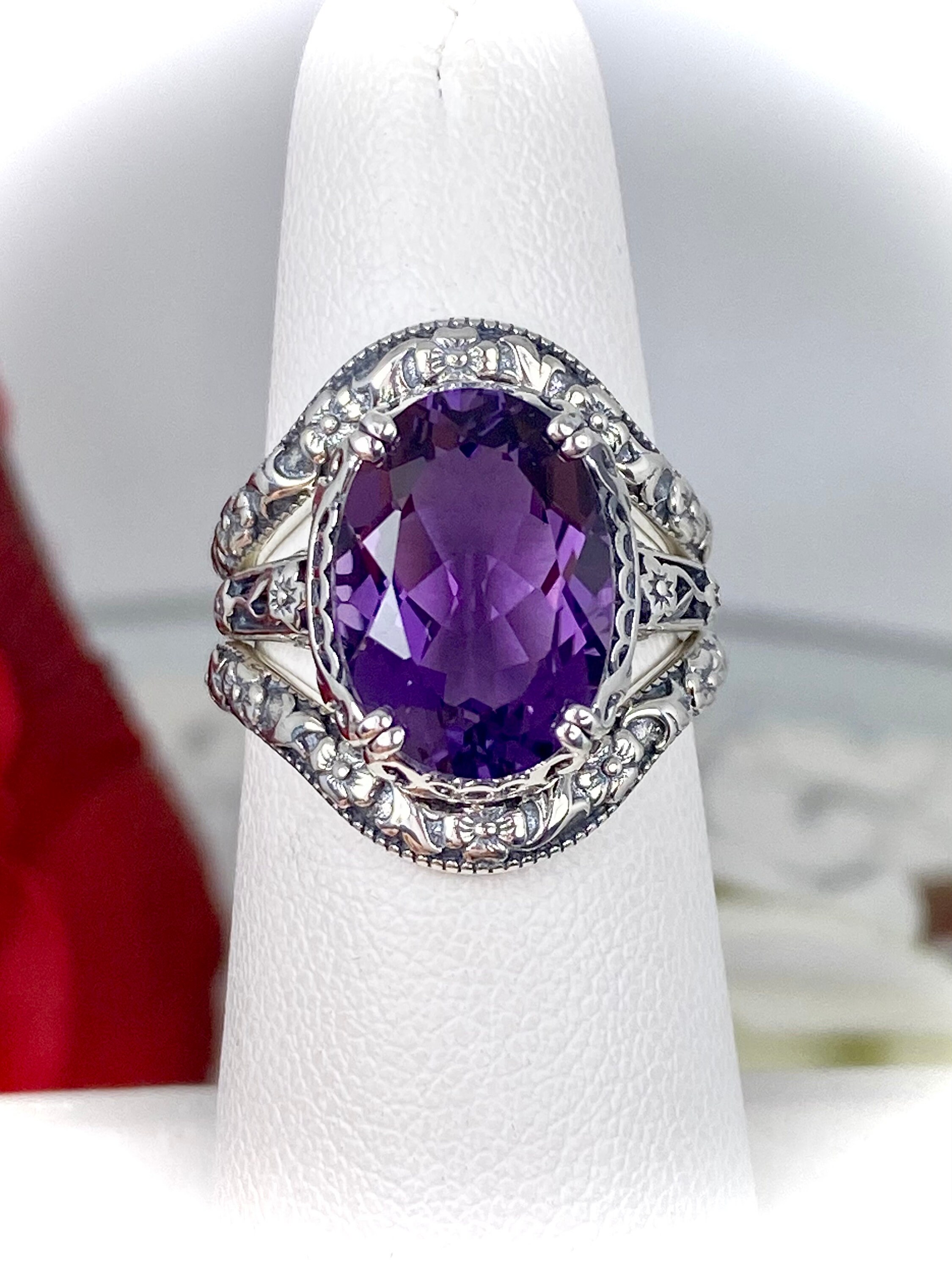 Natural Purple Amethyst Ring & Floral Band Set Sterling
