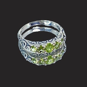 Natural Peridot Ring Solid Sterling Silver Natural Green Peridot 5-stone Georgian Victorian Filigree [Made To Order] Design#19