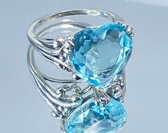 Aquamarine Ring | Size 9.5, Heart Leaf Claw Sterling Silver Simulated Gem Filigree [Ready to Ship] #213