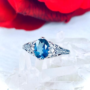 Natural London Blue Topaz Ring Size 6.5/ Sterling Silver/ Small Oval Art Deco/Nouveau Filigree [InStock] Design#D56