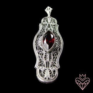Granat CZ Anhänger / Sterling Silber / Marquise Cut Roter Granat Cubic Zirkonia, 1920er Jahre Art Deco Silber Filigree [Custom] Design#P2
