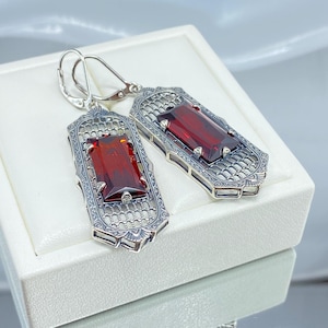 Garnet CZ Earrings / 16ct Red Garnet Cubic Zirconia with Sterling Silver Art Deco Filigree [Custom Made]Design#E16