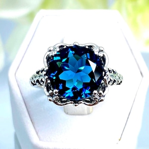 London Blue Topaz Ring • 7ct Round Gemstone • Sterling Silver 925 Filigree • Natural or Simulated Gem • In Stock | Victorian Design#103