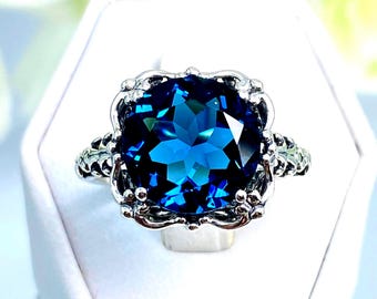 London Blue Topaz Ring • 7ct Round Gemstone • Sterling Silver 925 Filigree • Natural or Simulated Gem • In Stock | Victorian Design#103