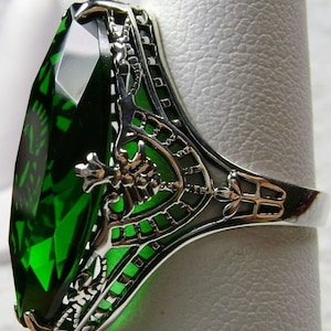 Emerald Ring/ Sterling Silver/ 13ct Marquise Cut Simulated Green Emerald Art Deco Floral Fence Filigree [Custom Made] Design#75