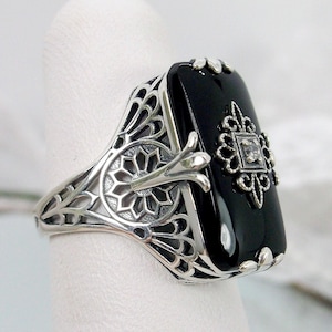 Black Ring Sterling Silver/ Embellished Black Glass & Inset CZ, Moissanite, or Diamond, Intricate Grace Filigree [Custom Made] Design#233