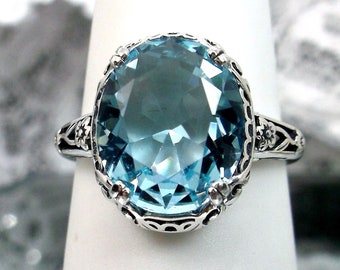 Aquamarine Blue Ring Size 8 | Sterling Silver 4ct Oval Simulated Aqua Gemstone Floral Art Deco Edwardian Filigree [In Stock] Design#70z
