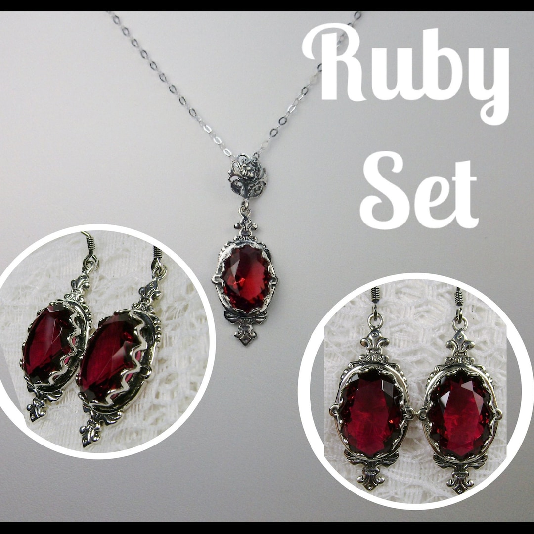 Ruby Pendant & Earrings/ Sterling Silver/ Simulated Red Ruby, Fleur De ...