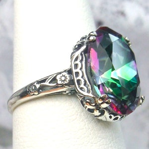 Rainbow Mystic Ring/ Sterling Silver/ 6ct Oval Mystic Topaz Gemstone Floral Edwardian Antique Filigree [Custom Made] Design#70