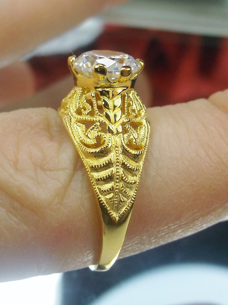 Design #199 Size 5.5 White CZ Yellow Gold Plate /& Sterling Silver Filigree Art Deco Ring