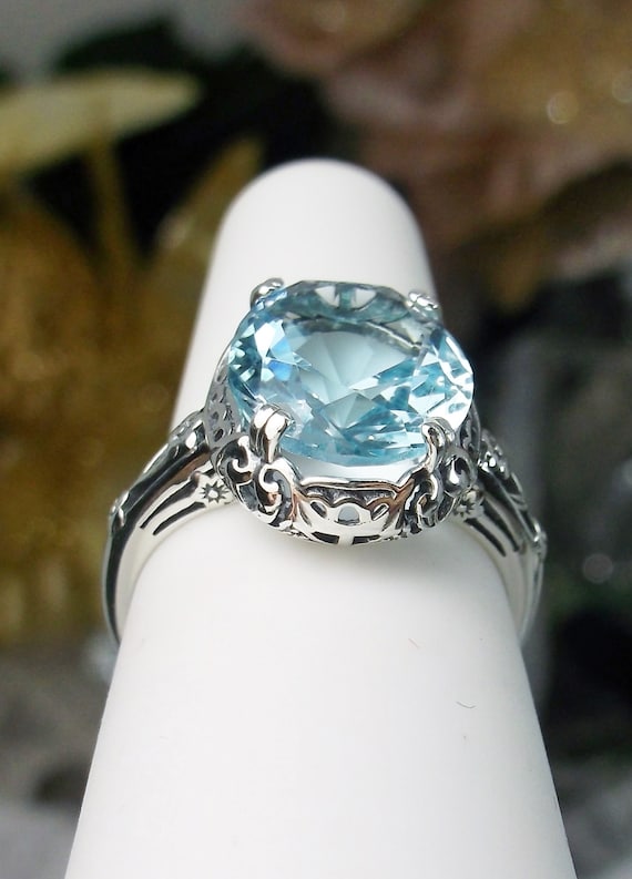 Aquamarine Blue Ring Size 10 / Sterling Silver/ 4ct Oval Simulated Aqua  Gemstone Floral Art Deco Edwardian Filigree in Stock Design70z - Etsy