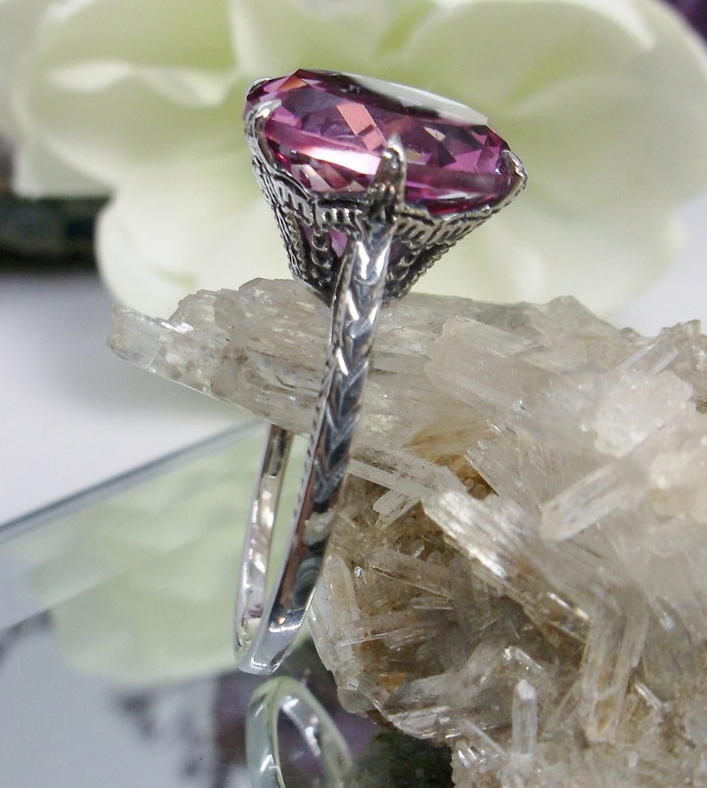 Design#37 In Stock Natural Pink Topaz Ring Size 5 Solid Sterling Silver 7ct Round Cut Pink Topaz Edwardian 1910 Filigree