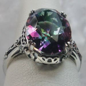 Rainbow Mystic Ring/ Sterling Silver/ 6ct Oval Mystic Topaz Gemstone Floral Edwardian Antique Filigree Custom Made Design70 image 7