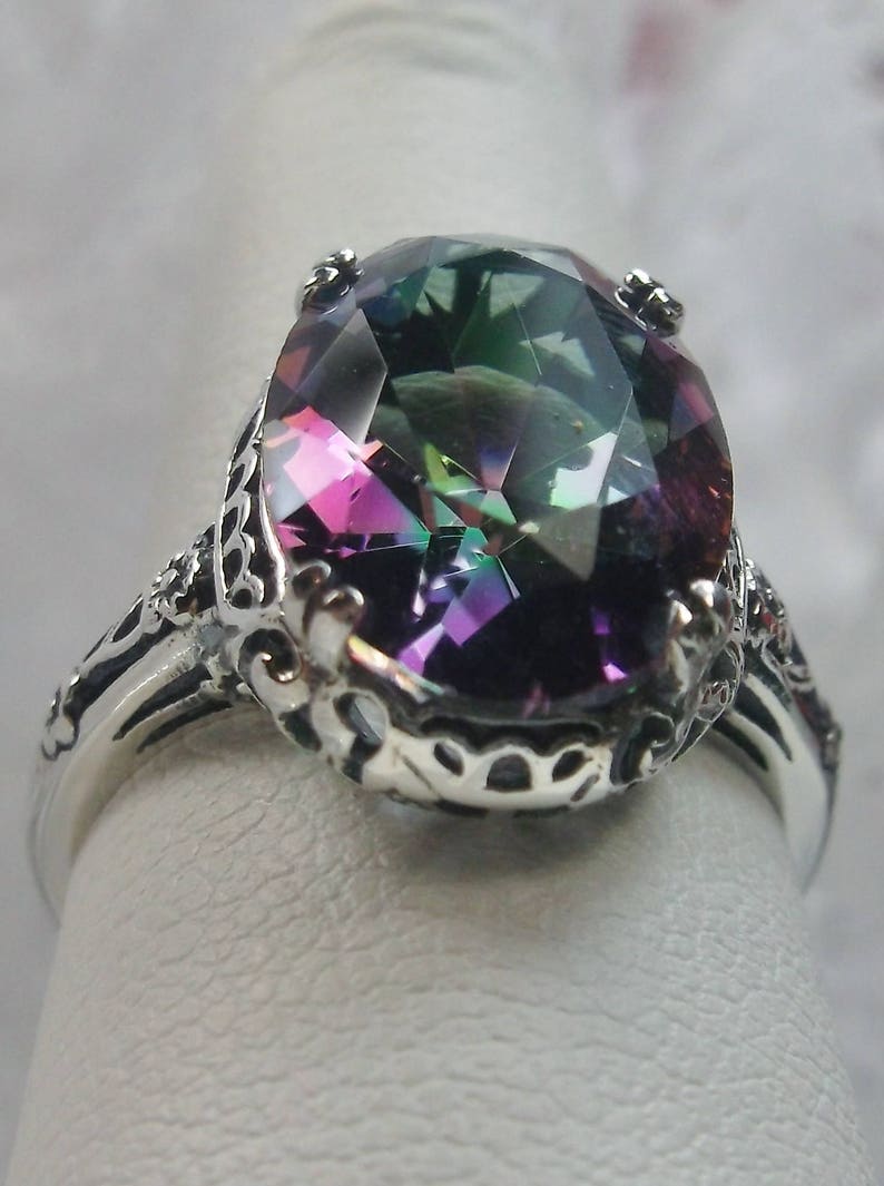 Rainbow Mystic Ring/ Sterling Silver/ 6ct Oval Mystic Topaz Gemstone Floral Edwardian Antique Filigree Custom Made Design70 image 7