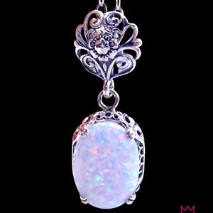 Edwardian Floral Filigree Opal Pendant • Simulated Opal Gemstone • Sterling Silver • Custom Made | #P70