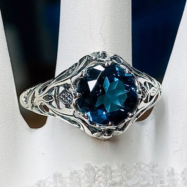 Natural London Topaz Ring Solid Sterling Silver 1.8ct Blue Gemstone Victorian Floral Daisy Filigree [Custom Made] Design#66