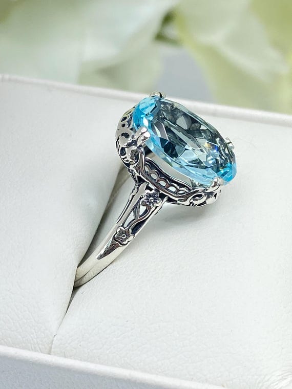 Bague bleu aigue marine argent sterling 6 carats de pierres precieuses naturelles ou sim floral antique vintage en filigrane faite sur mesure Design 70 Etsy France