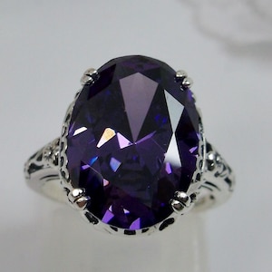 Amethyst CZ Gemstone Ring / 6ct Sterling Silver/ Natural Amethyst or CZ  Floral Art Deco Edwardian Filigree [Made To Order] Design#70