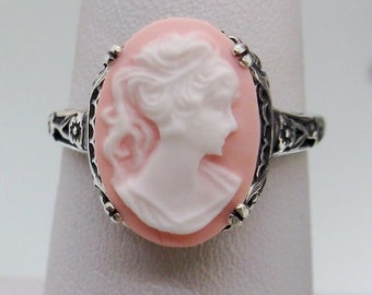 Anello da donna con cammeo / Argento sterling massiccio / Silhouette rosa chiaro e bianco Filigrana floreale Revival edoardiano Gioielli [Su misura] Design n. 70