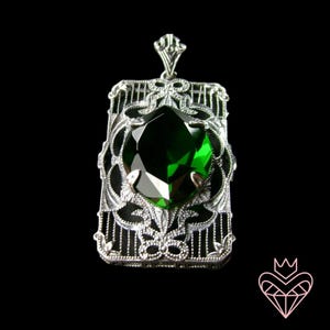 Marquise Emerald Green Pendant/ 925 Sterling Silver/ Simulated Emerald Green Gem,  1920s Deco Silver Filigree [Custom Made] Design#P24
