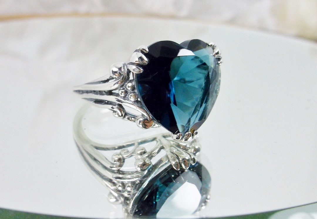 London Blue Topaz Ring/ Solid Sterling Silver/ Heart Leaf Claw - Etsy