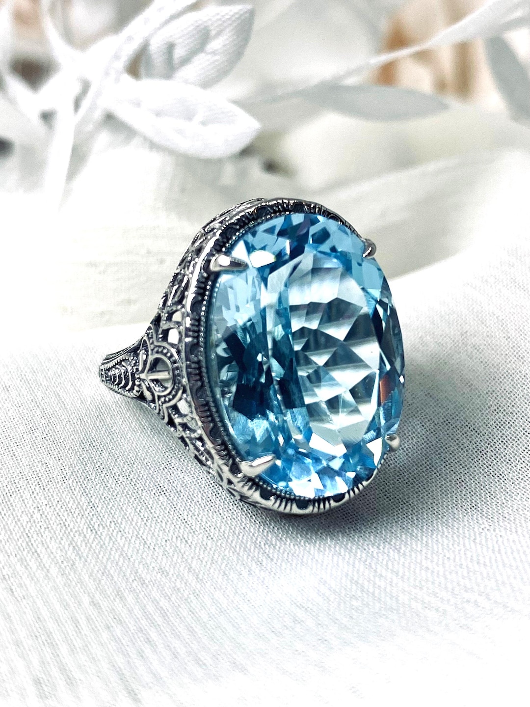 Natural Blue Topaz Ring/ 14ct Oval Natural Topaz Art Deco