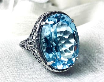 Natural Blue Topaz Ring/ 14ct Oval Natural Topaz / Art Deco Vintage Sterling Silver Filigree Persian Design#230 (Custom)