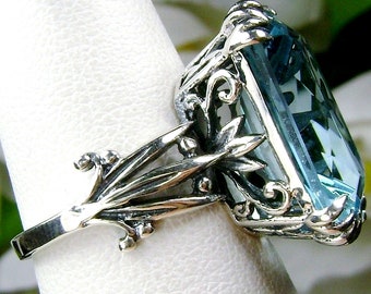 Aquamarine Ring/ Sterling Silver/ 13ct Simulated Sky blue Gemstone, Floral Filigree LUV Ring [Custom Made] Design#D109
