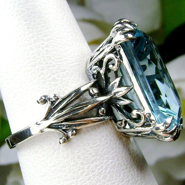 Aquamarine Ring/ Sterling Silver/ 13ct Simulated Sky blue Gemstone, Floral Filigree LUV Ring [Custom Made] Design#D109