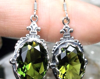 Peridot Green Earrings/ 925 Sterling Silver/ Simulated Peridot Gem, Victorian Fleur de Lis Filigree [Custom Made] Design#E18