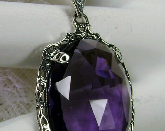 Purple Amethyst Pendant/ Sterling Silver/ Simulated Purple Amethyst Victorian Filigree Pendant Necklace [Custom Made] Design#P10