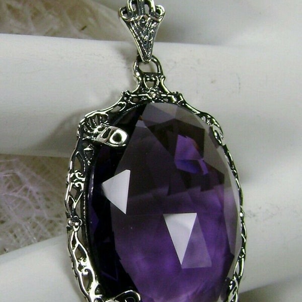 Purple Amethyst Pendant/ Sterling Silver/ Simulated Purple Amethyst Victorian Filigree Pendant Necklace [Custom Made] Design#P10