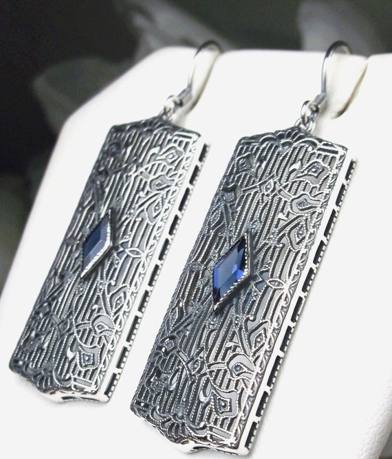 Blue Sapphire Earrings/ Sterling Silver/ Art Deco 1920's Simulated