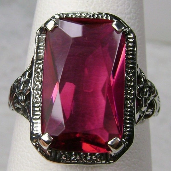 Ruby Ring/ Solid Sterling Silver/ 5ct  Cushion Cut Simulated Ruby Silver Nouveau Floral Filigree Ring [Custom Made] Design#64