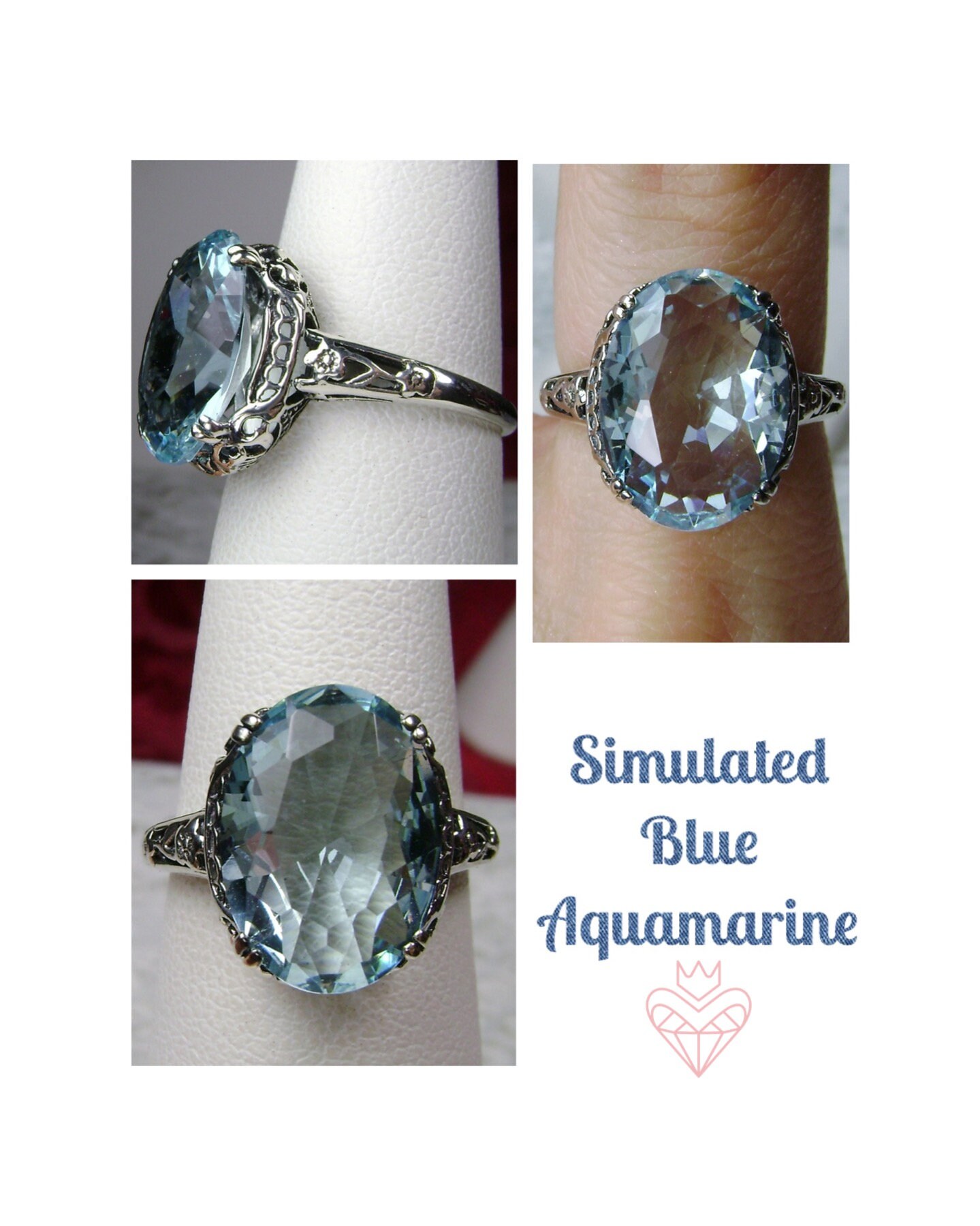 12ct Square Sim Aqua Sterling Silver Victorian/Deco Filigree Ring Made To Order 