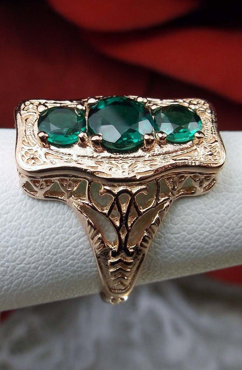 Natural Green Emerald Ring/ 10k Gold/ 3 Stone Natural Green | Etsy