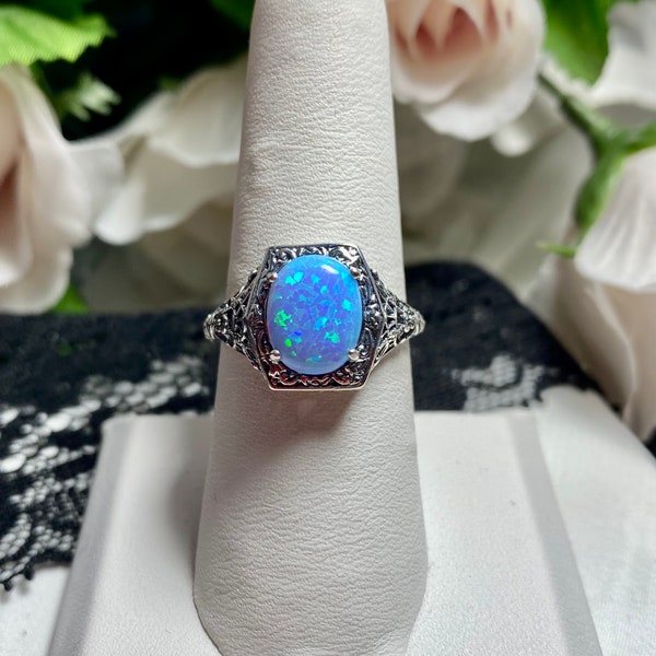 Opal Ring/ Sterling Silver/ Simulated Blue Fire Opal Floral Art Deco Filigree Ring (Made To Order) (Style #8)