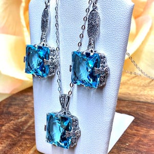 Aquamarine Blue Pendant Necklace / Sterling Silver/ Square Cut Simulated Gemstone Silver Filigree [Custom Made] Design#P77, E77