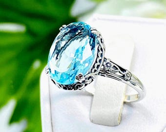 Aquamarine Blue Ring | Sterling Silver Natural or Simulated Gemstone Option Floral Antique Vintage Filigree [Made To Order] Design#70