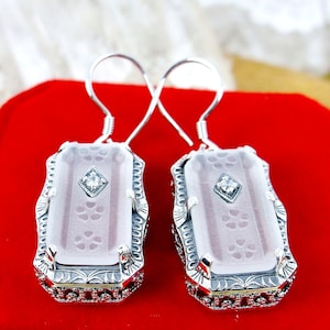 Frosted Camphor Earrings/ Sterling Silver/ White Frosted Camphor Glass Earrings w/CZ, Art Deco 1915&#39;s Jewelry [Custom Made] Design#E232